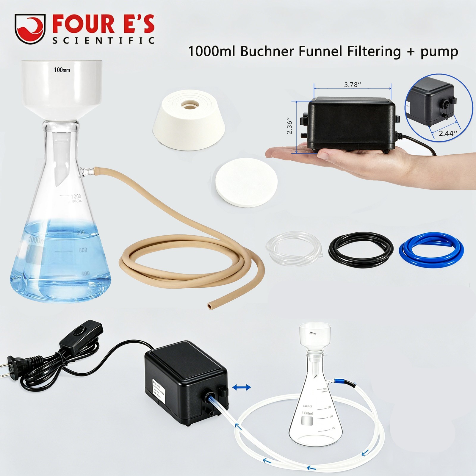 Lab Vacuum Pump Oilless 18 L/Min 1000ML Lab Vacuum Filtration Filter Flask Kit