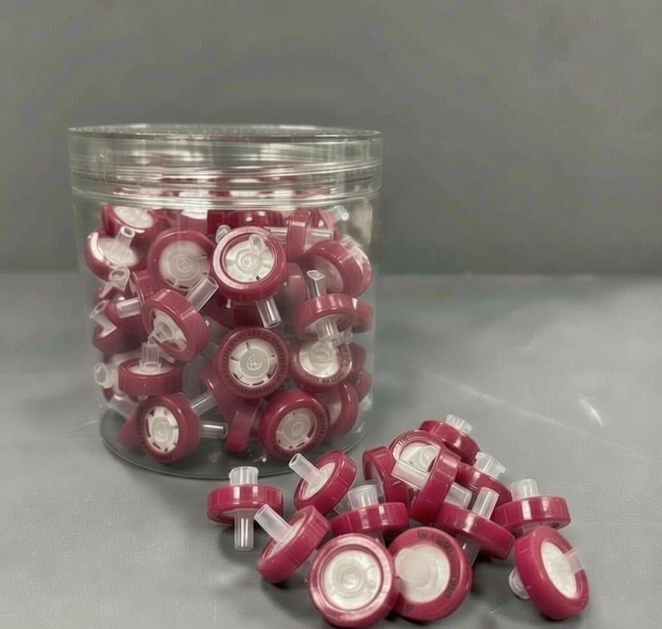100 PVDF Hydrophobic Syringe Filter 0.45um/0.22um Pore Size, 25mm, For HLPC