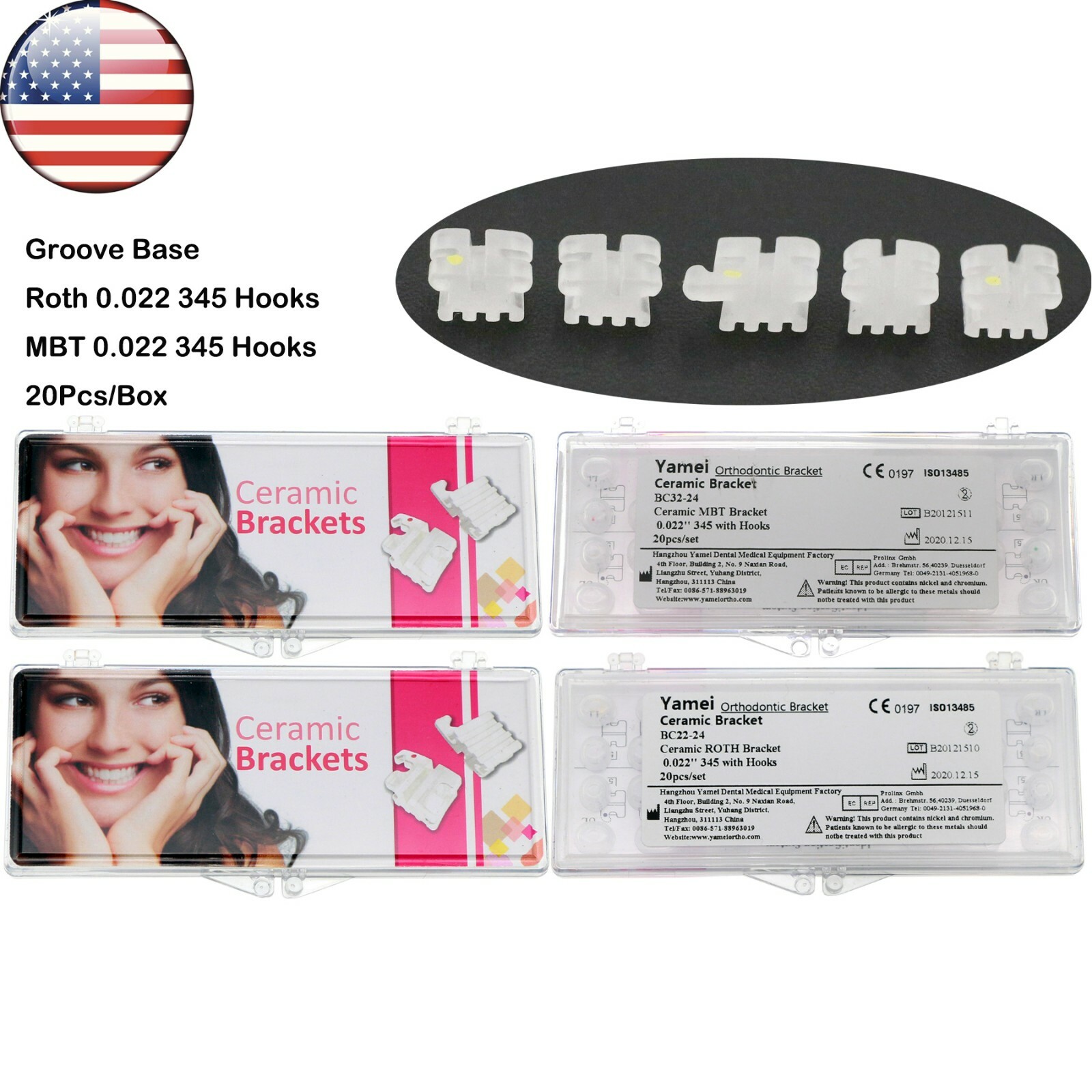 US Dental Orthodontic Ceramic Brackets Braces Mini Roth/MBT 022 Slot 3 4 5 Hooks