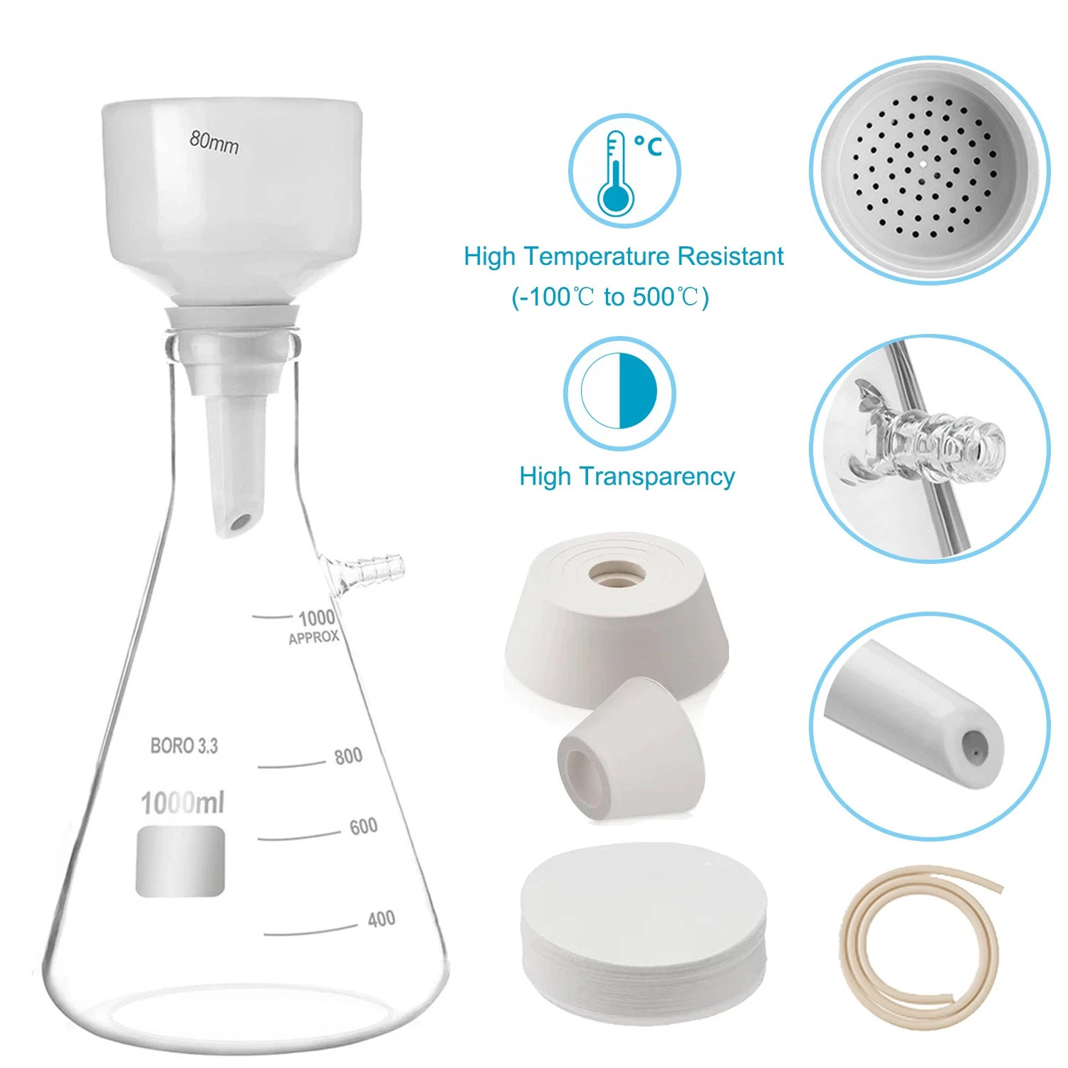 1000ML Buchner Funnel Kit Filter Flask Set, 1L Vacuum Flask 80mm Funnel, Borosil