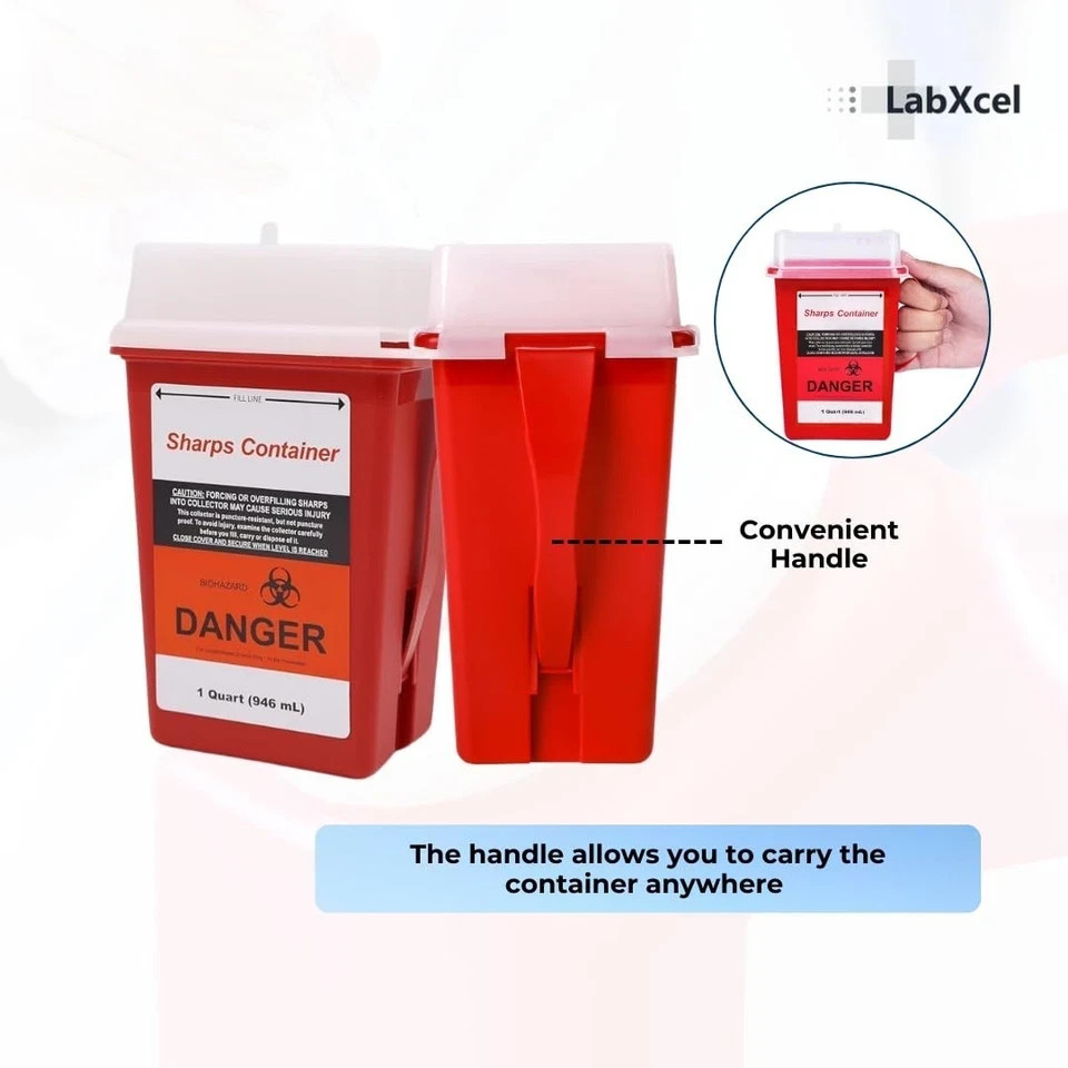 LabXcel 1 Quart Polypropylene Sharps Container Red Needle Disposal Bin 2pcs