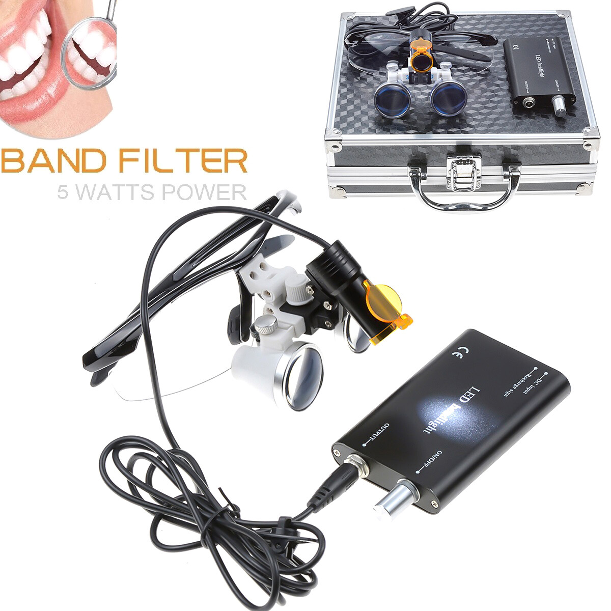 Dental Surgical 3.5X Binocular Loupes+5W LED Headlamp Filter Aluminum Box DY-007