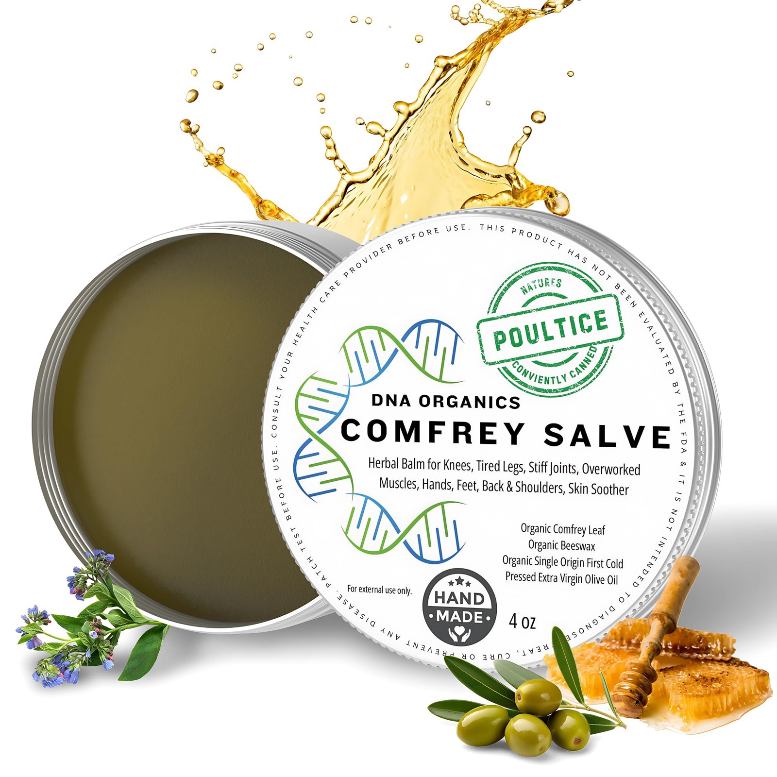 DNA Organics Comfrey Salve Ointment 4oz – Organic Herbal for Bones & Muscle