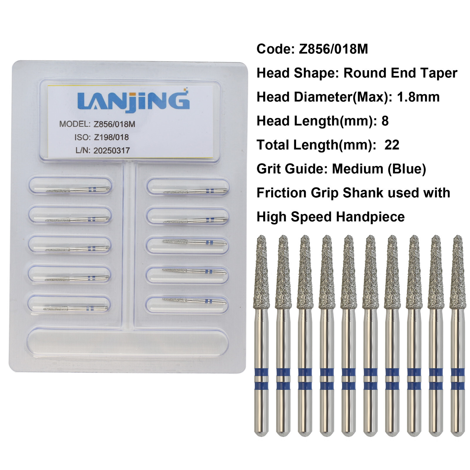 Diamond Burs Zirconia Z856/018M Round End Taper Cutter Medium Grit FG Multi-Use