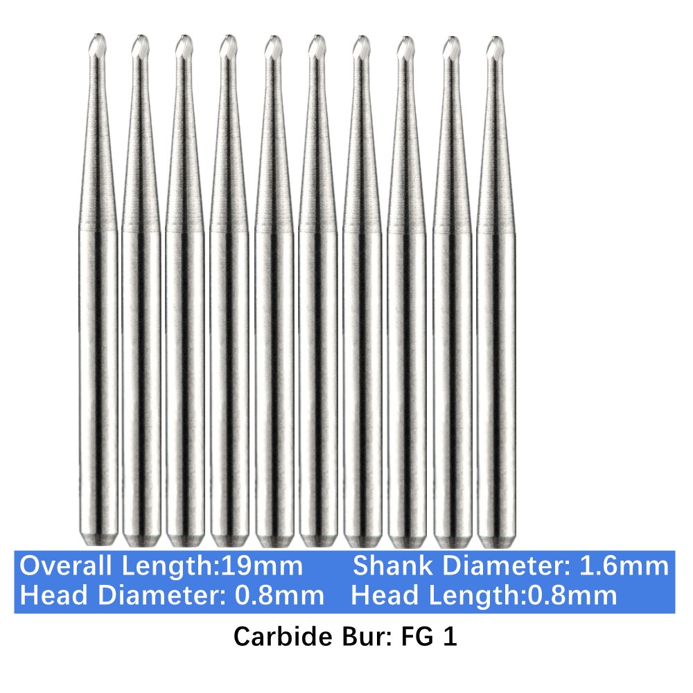 10-100pc Vakker Dental Carbide Burs FG1 19mm Round FG Drill Bits for High Speed