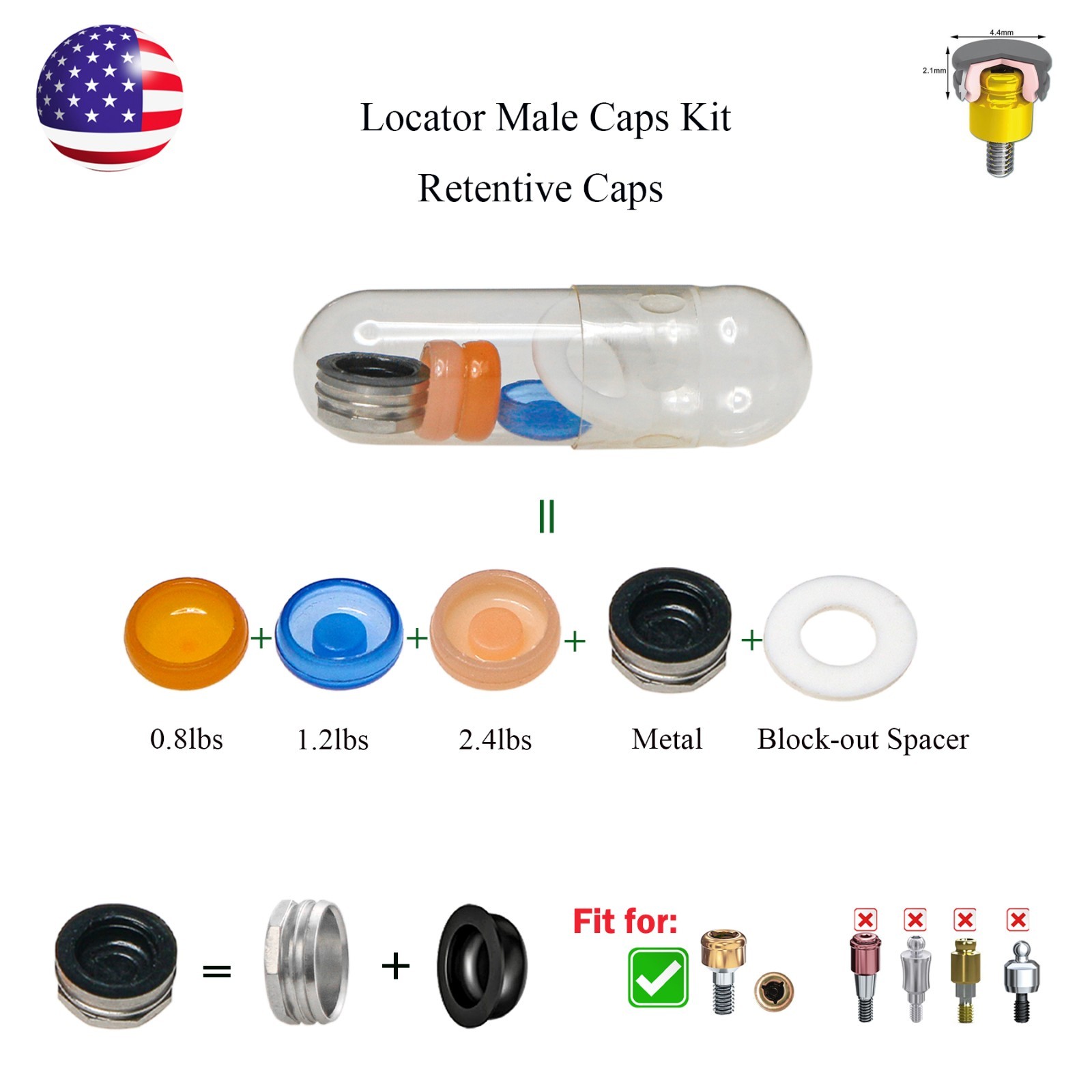 2Set Dental Standard Male Processing Set Zest Locator Overdenture Retention Caps