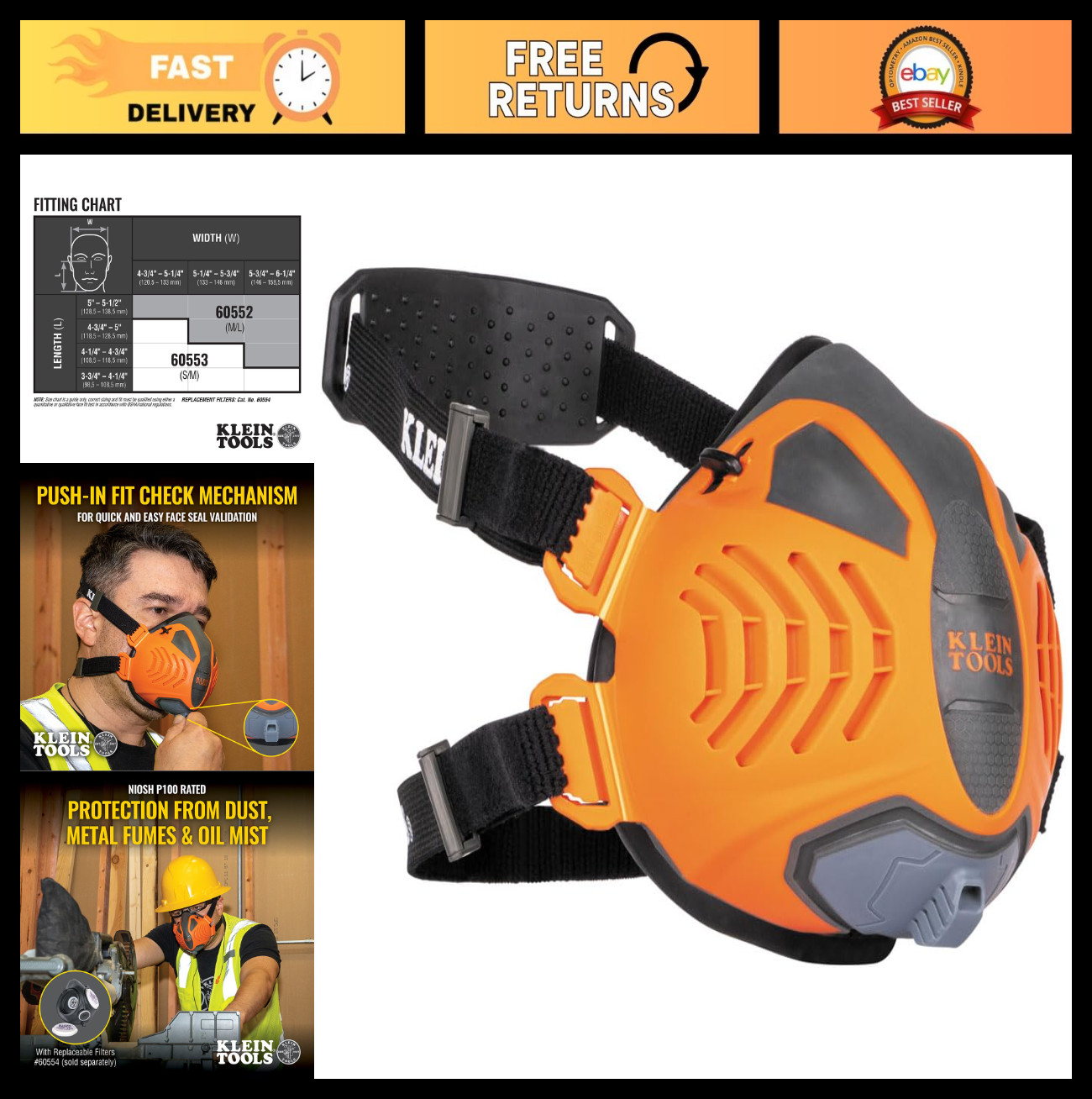 Reusable P100 Half-Mask Respirator with Replaceable Filters for Dust & Fumes, M/