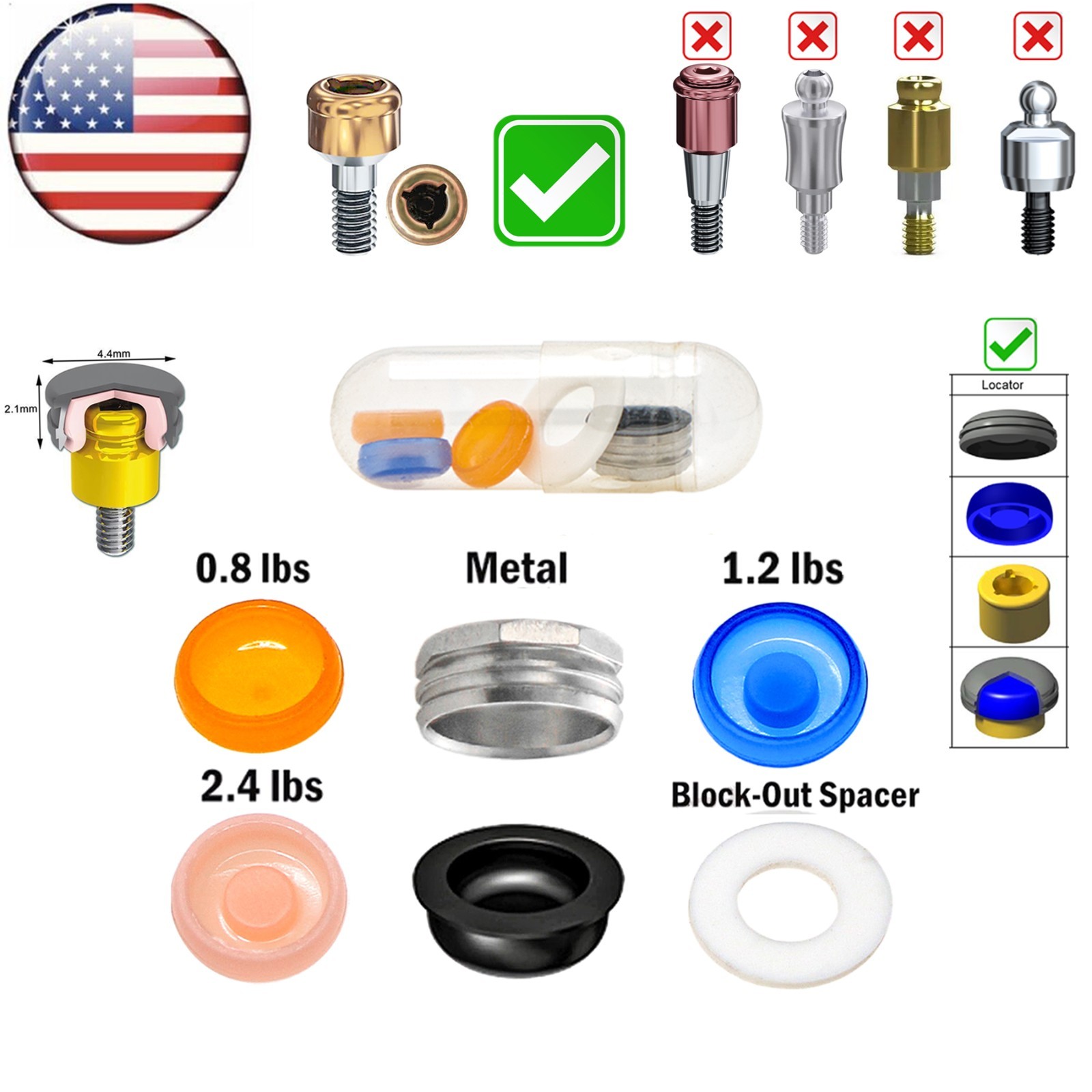 US Dental Overdenture Locator Abutments Retention Caps Implant Inserts 5Pcs/Set