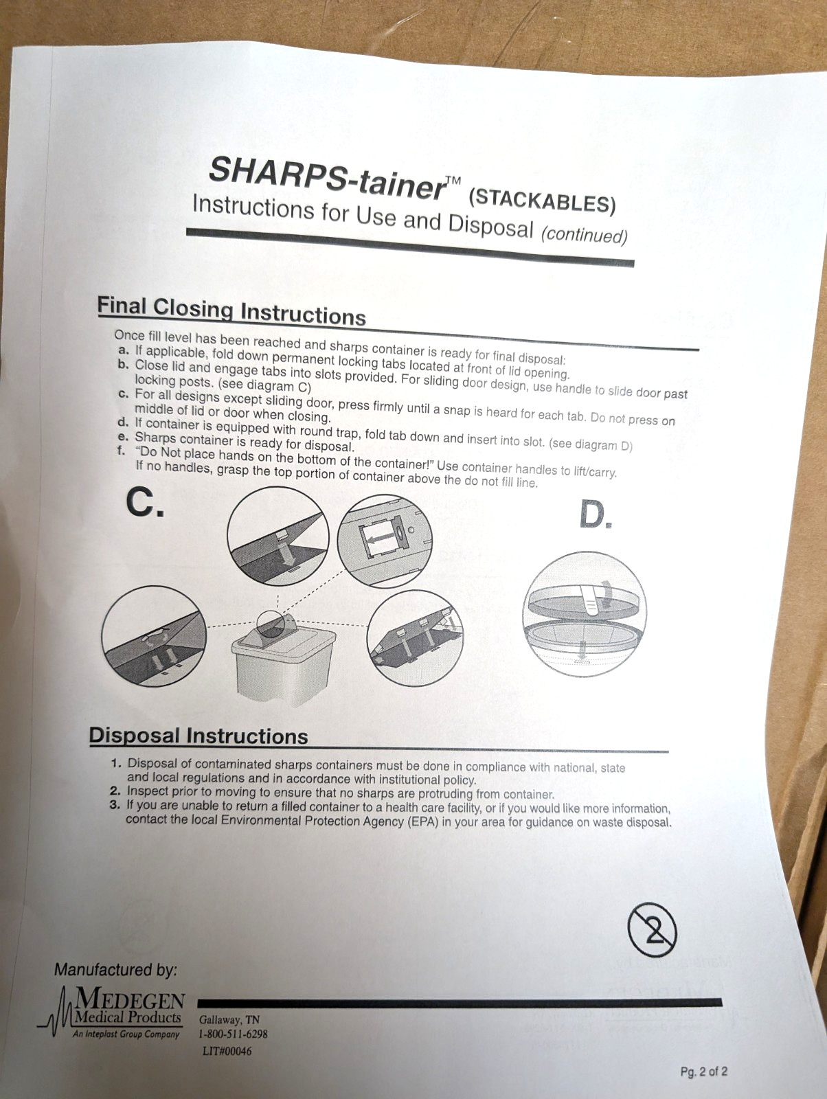 Medegen Stackable Biohazard Sharps Container, 2 Gallon Capacity Each- Case of 24