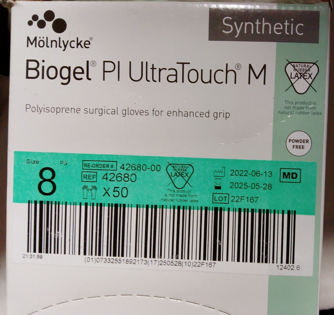 Molnlycke 42680 Biogel PI UltraTouch M Polyisoprene Gloves, Size 8, 50 Pairs