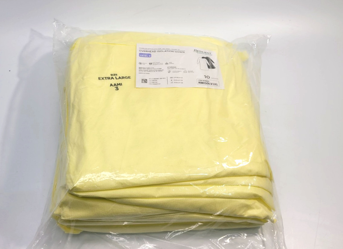 Overhead Isolation Gown AAMI Level 3 Yellow XL Full Back Thumb Loop Elastic Cuff