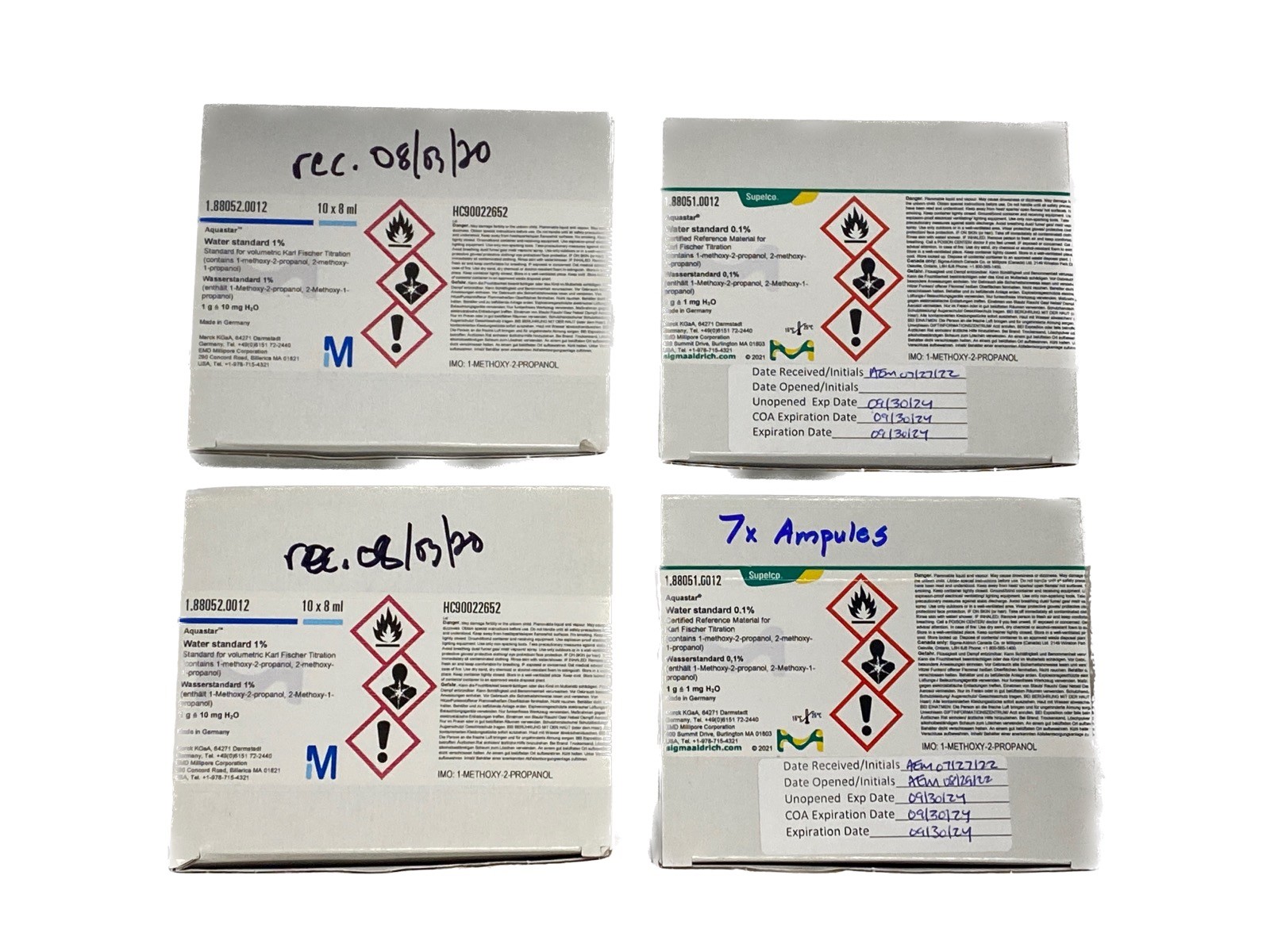(37) SUPELCO Aquastar 8mL Water Standard 0.1% & 1.0% for Karl Fischer Titration