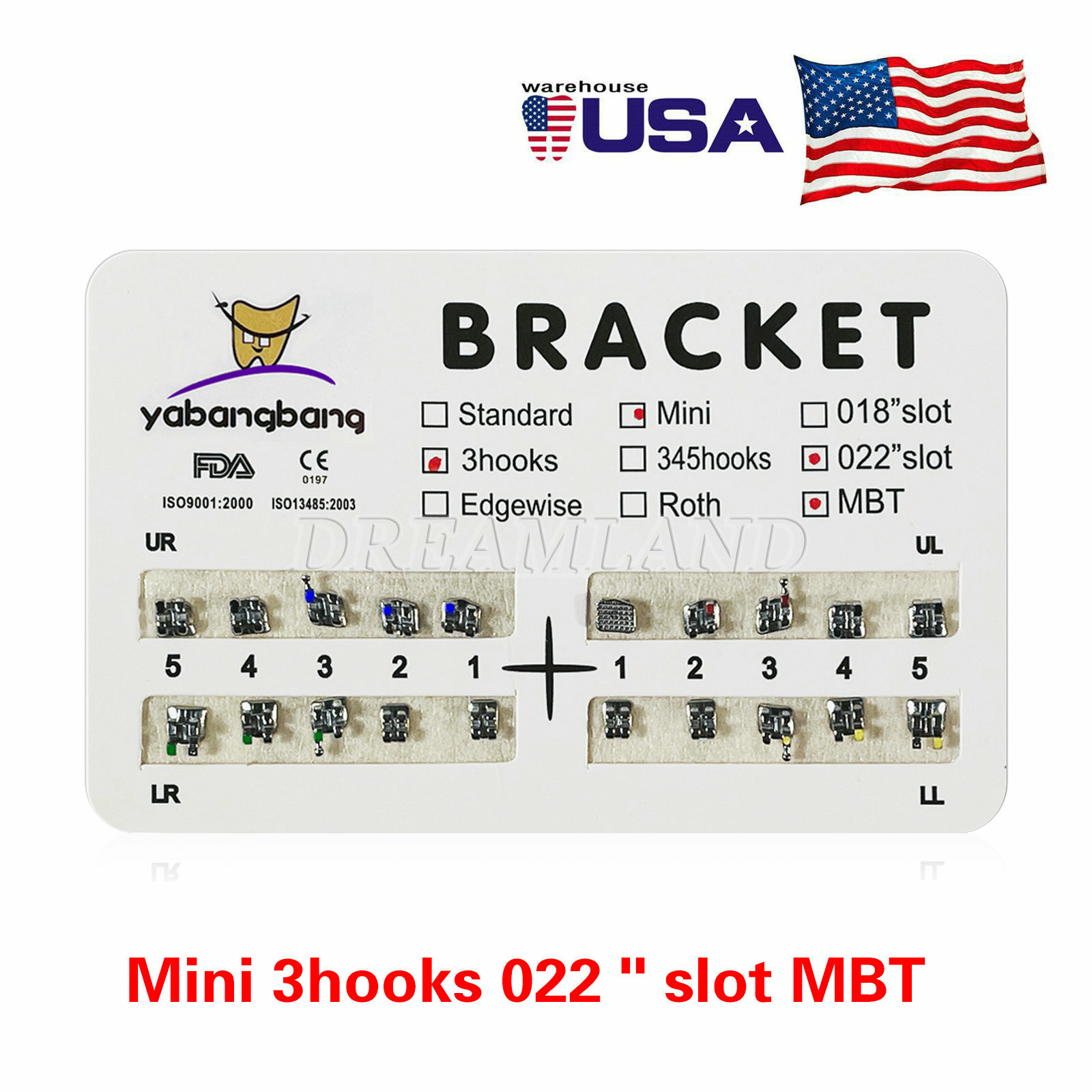 10 Packs Dental Orthodontic Metal Braces Brackets Mini MBT 022″Slot 3 Hooks YBB