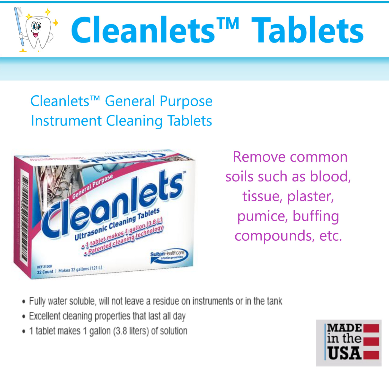 Dental Cleanlets™ General Purpose Instrument Ultrasonic Cleaning Tablets #21500