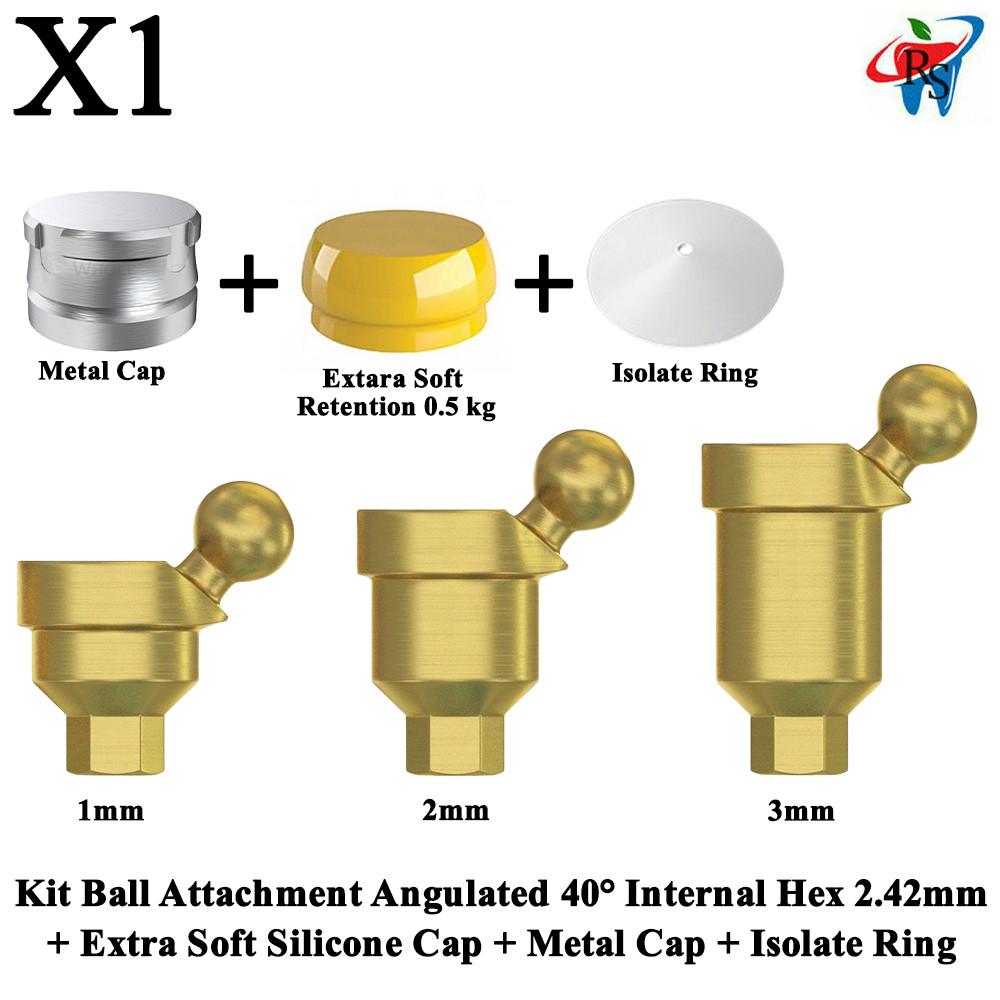 1x Kit Angulated 40° Ball Attachment Extra Soft Cap Metal Cap Isolate Ring Dent