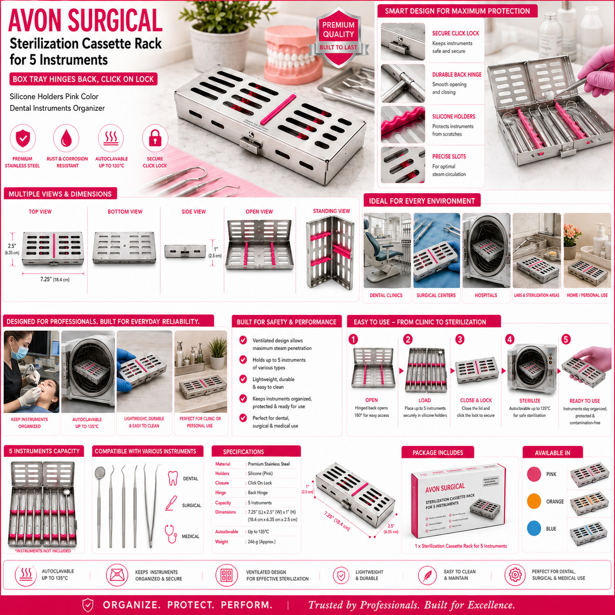 1PC GERMAN AUTOCLAVABLE STERILIZATION CASSETTE – HOLDS 5 INSTRUMENTS DENTAL PINK