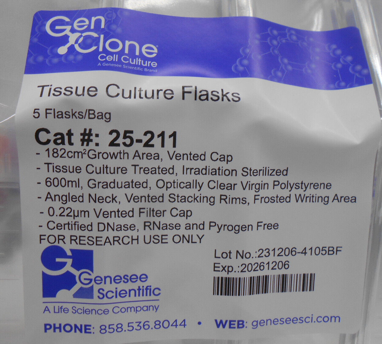 Genesee Scientific GenClone Tissue Culture Flask 25-211 Polystyrene 600ml 5/Pkg