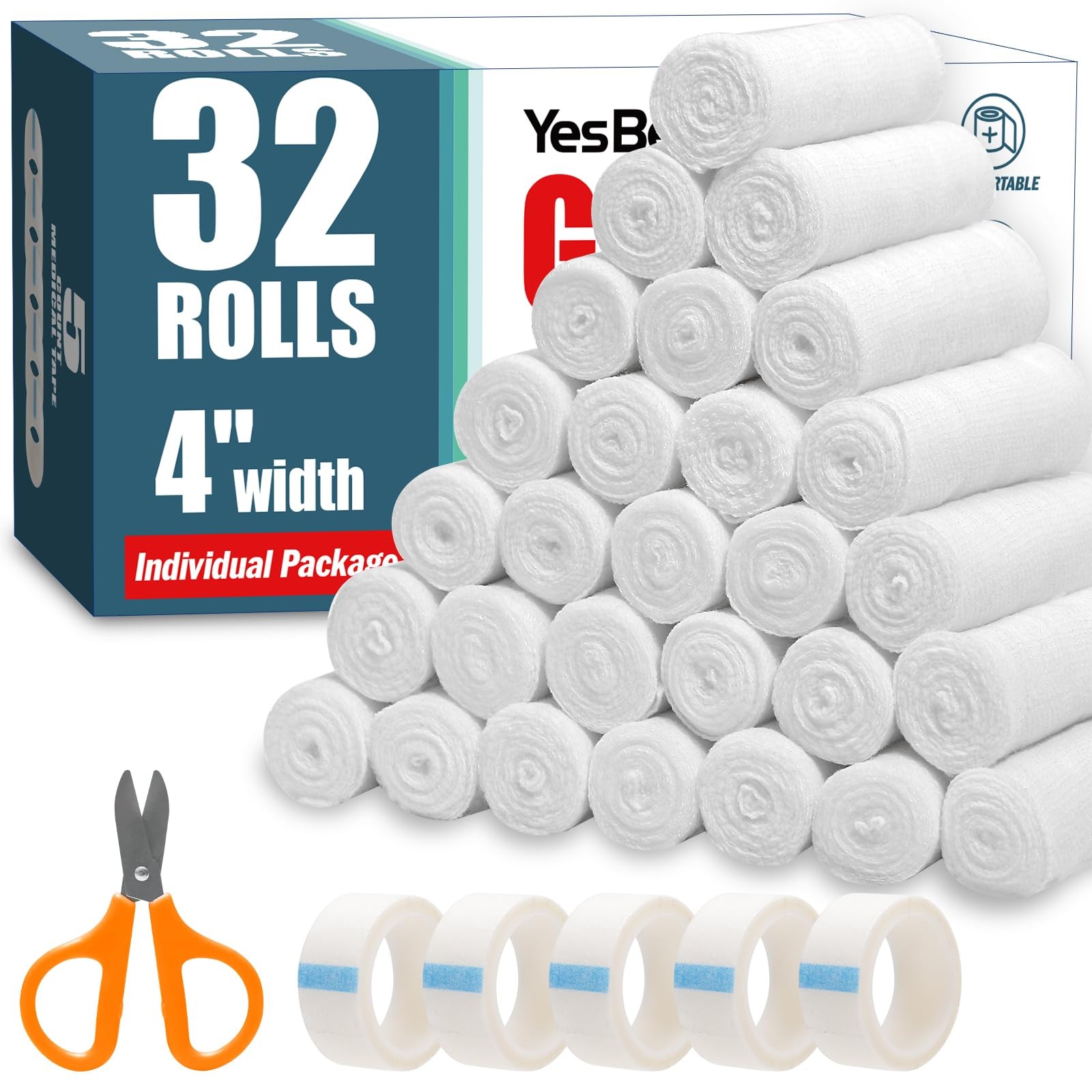 32 Pack Gauze Rolls Cotton – Individually Packed Bandage Wrap