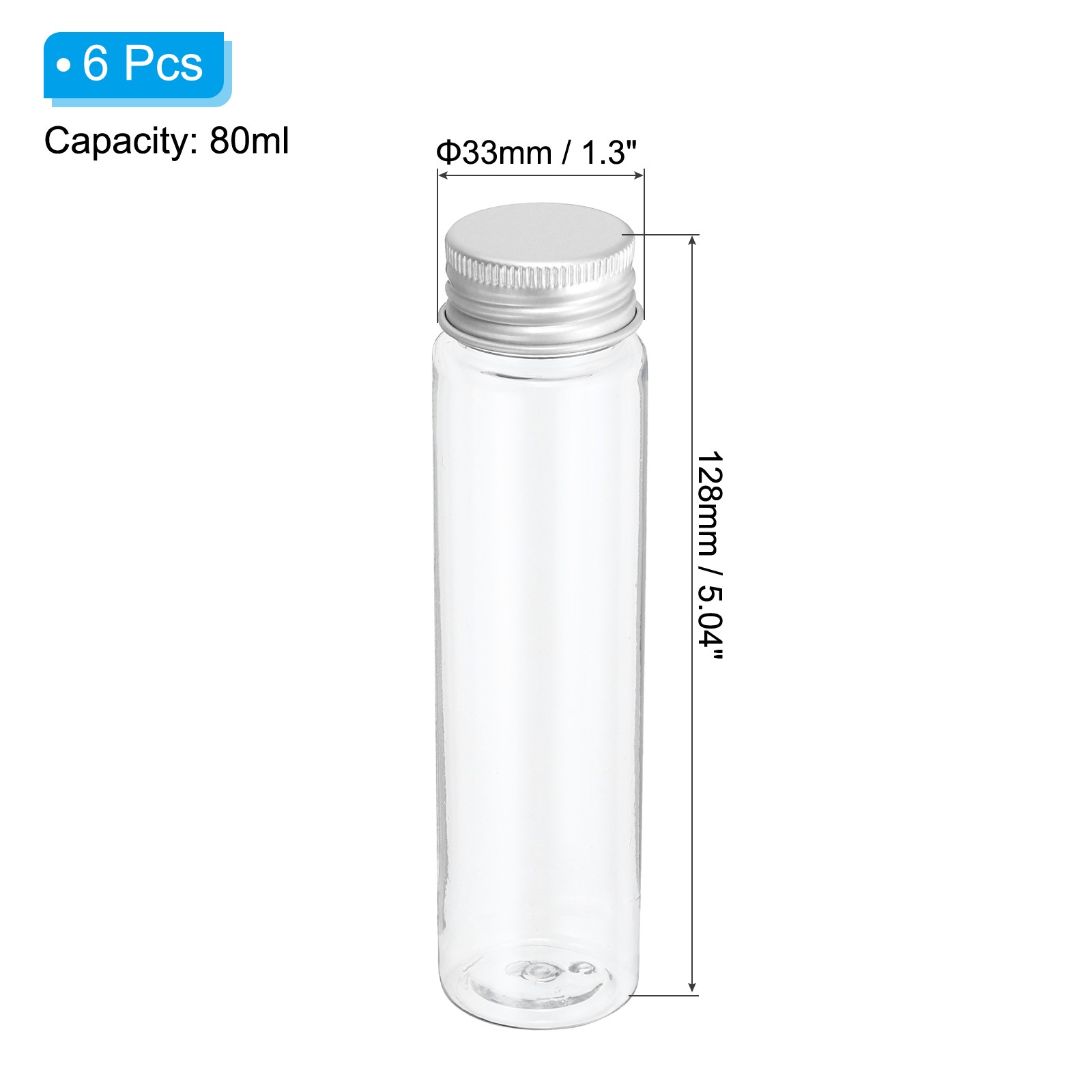 6Pack 80ml Plastic Test Tubes with Screw Caps 128x33mm Flat Bottom, Silver Tone