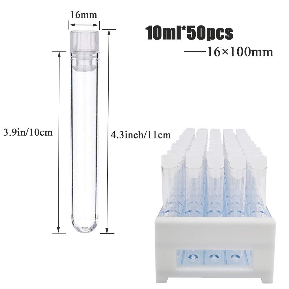 50Pcs Clear Plastic Test Tubes With Caps 50 Hole Rack 16x100mm 10ml Science Lab