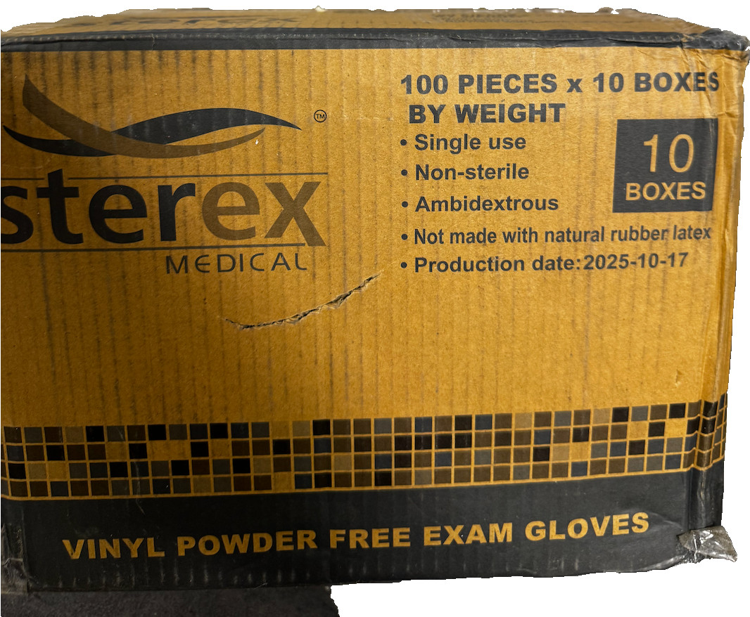 Sterex Vinyl Powder Free Exam Disposable Gloves SZ L Case of 10 Boxes Of 100