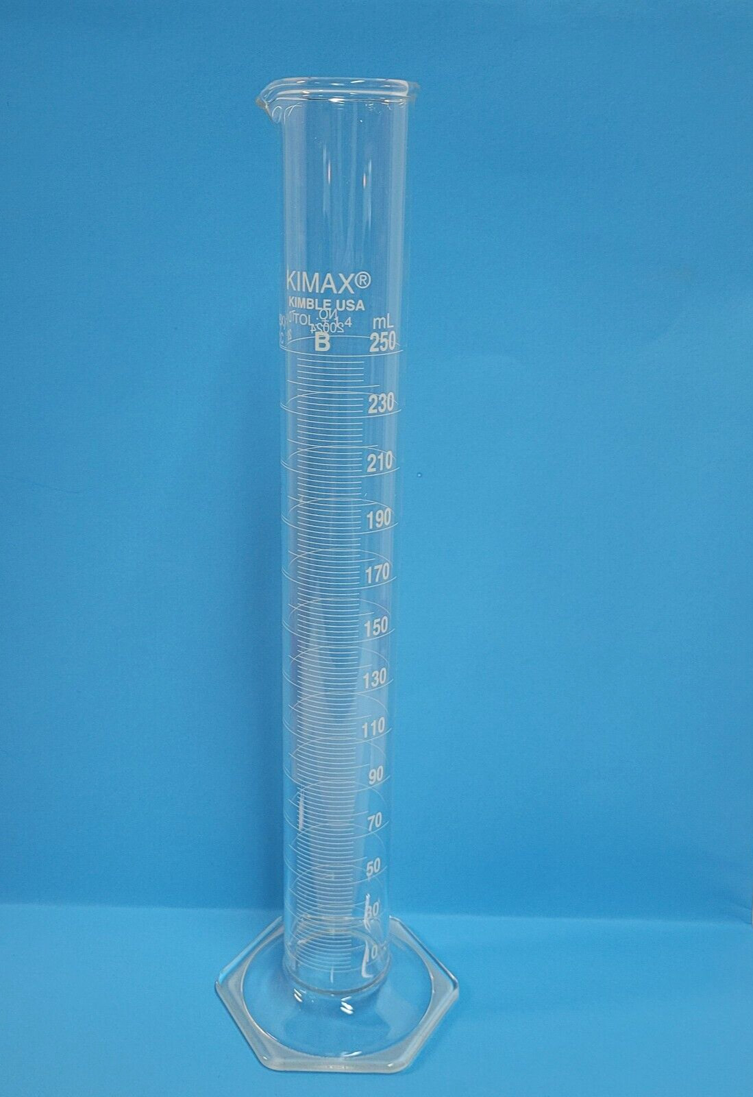 KIMAX Glass 250mL Single Scale TD Graduated Cylinder Hex Base 20024-250 B
