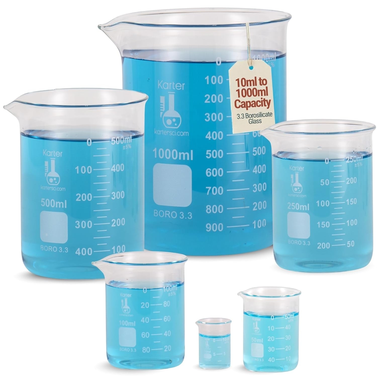 Karter Scientific, 3.3 Boro, Griffin Low Form, Glass Beaker Set – 6 Sizes – 10Ml