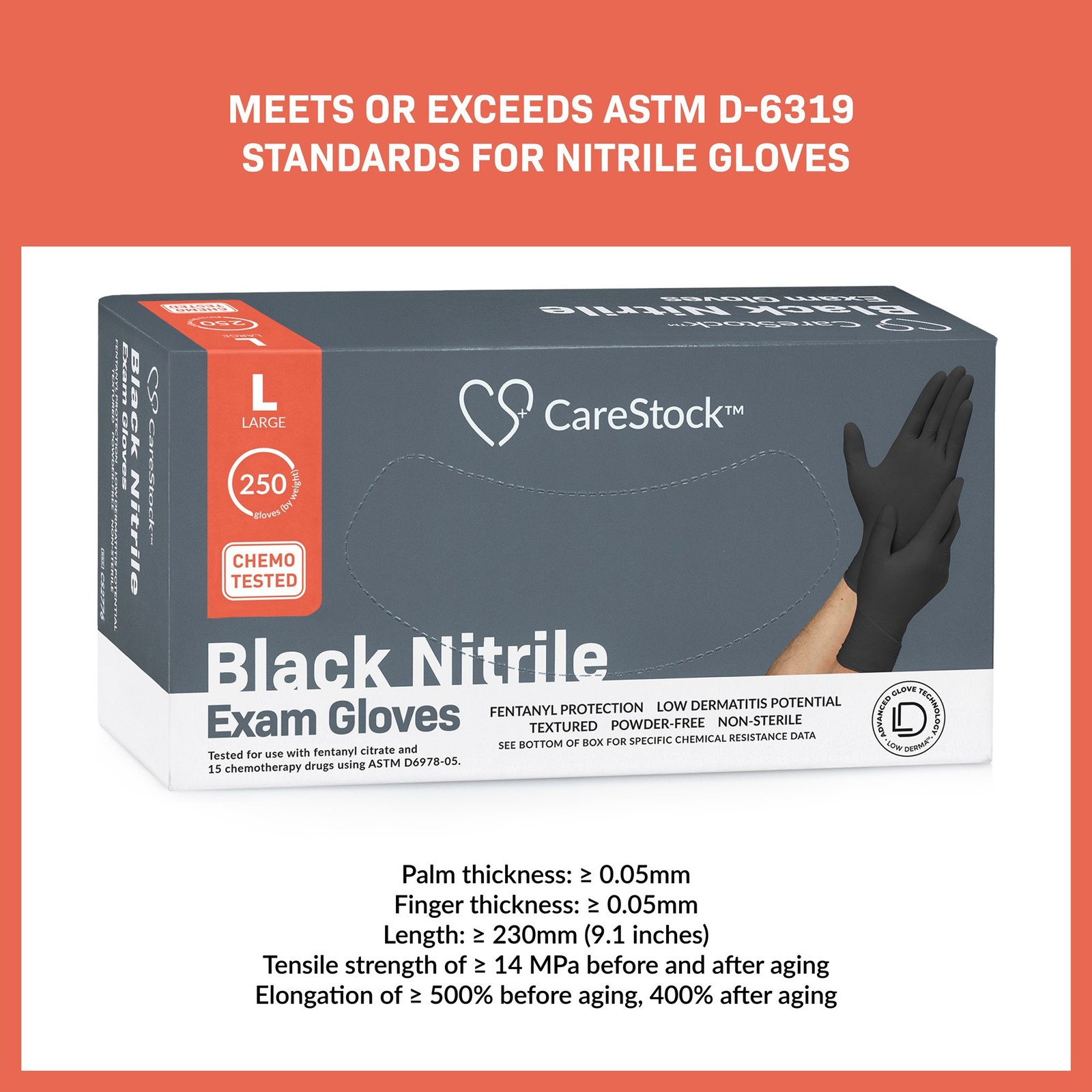 CareStock Nitrile Exam Glove Standard Cuff Length LARGE CS2776 250 per Box