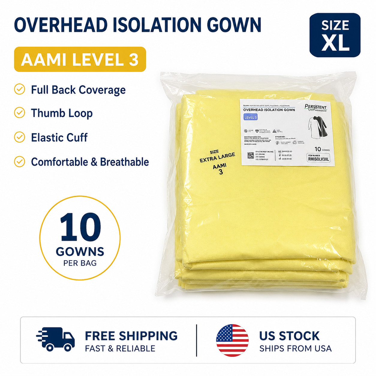 Overhead Isolation Gown AAMI Level 3 Yellow XL Full Back Thumb Loop Elastic Cuff