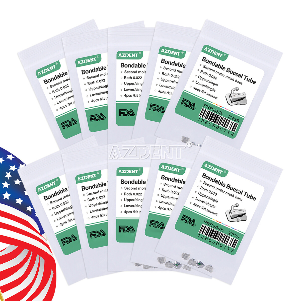 AZDENT Dental Orthodontic Buccal Tube 2nd Molar Roth 022 Bondable Non-Conv Kit