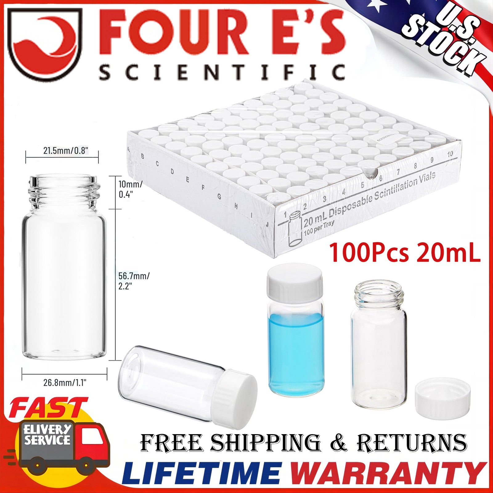 100x 20mL Glass Vials Scintillation Vial Liquid Counting Vials Cone Shaped Liner