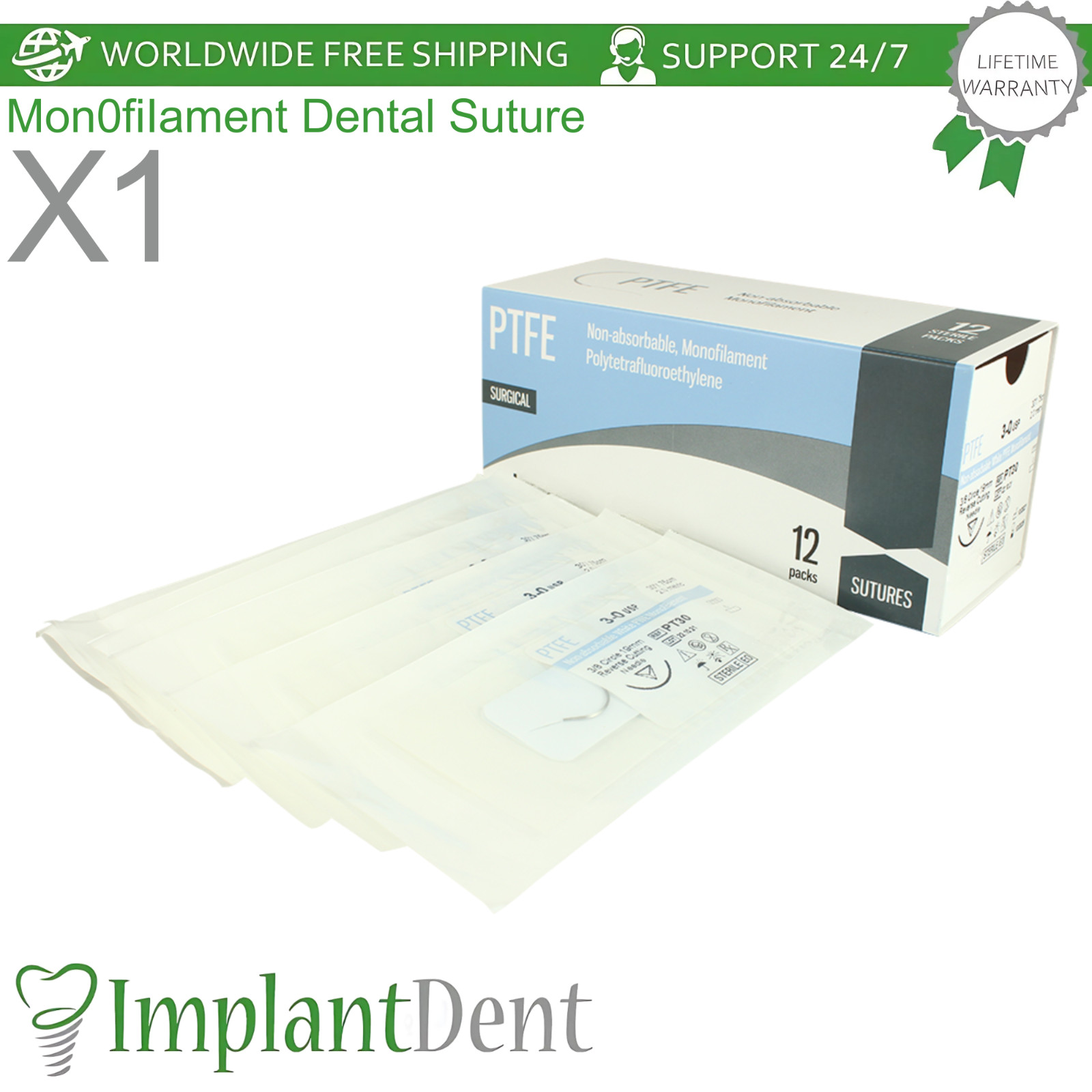 Mon0fiIament Dental Thread 12pcs SteriIe Packed 3/8 Circle 19.0mm Reverse Type
