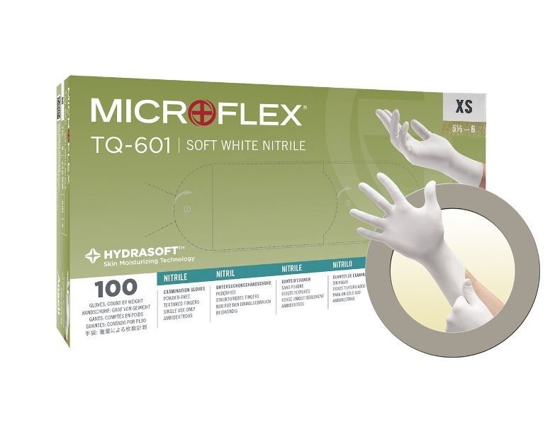 *100-Gloves* MicroFlex Soft White PF Hydrasoft Nitrile Exam X-Small TQ-601-XS