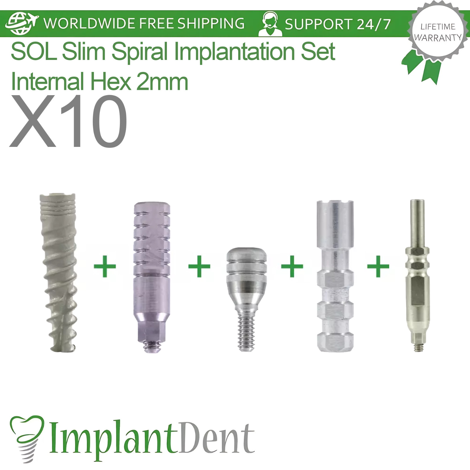 10x Slim Spiral Dental Fixture Full Set Int Hex Connection System 2.0mm Titanium