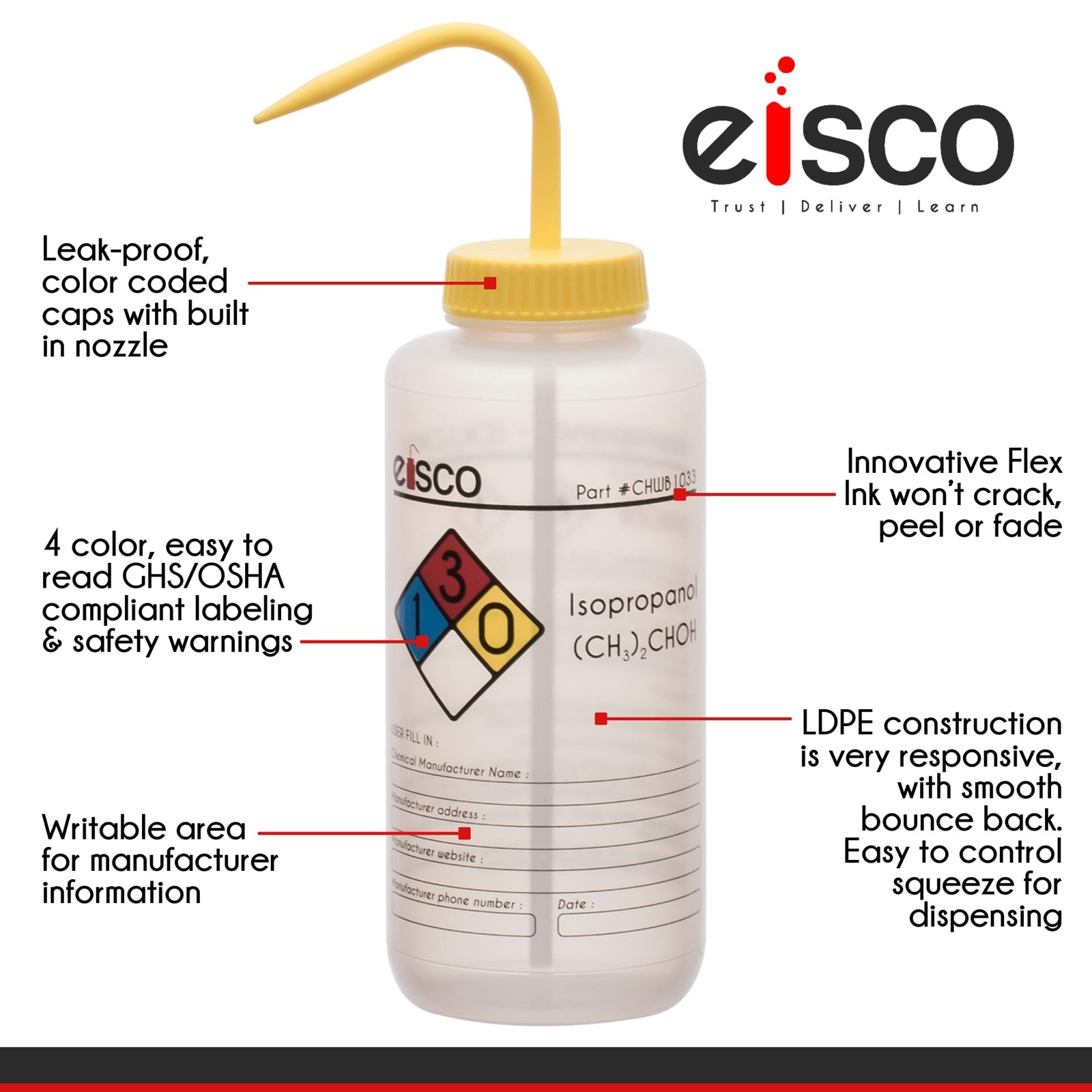 6PK Wash Bottle for Isopropanol, 500ml – Labeled with Color Coded Chemical & Saf