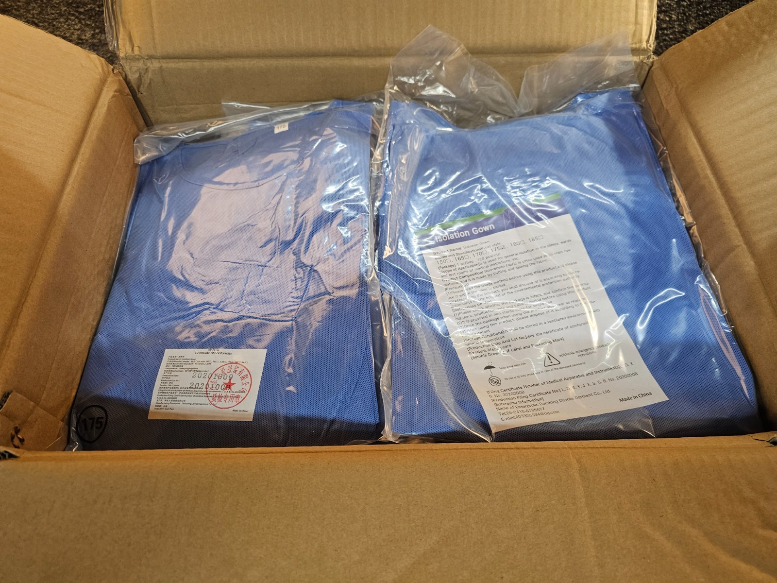 (QTY 120) DANDONG DEVOTE BLUE ISOLATION GOWN MODEL 175 (PPE) LOOSE STANDARD SIZE