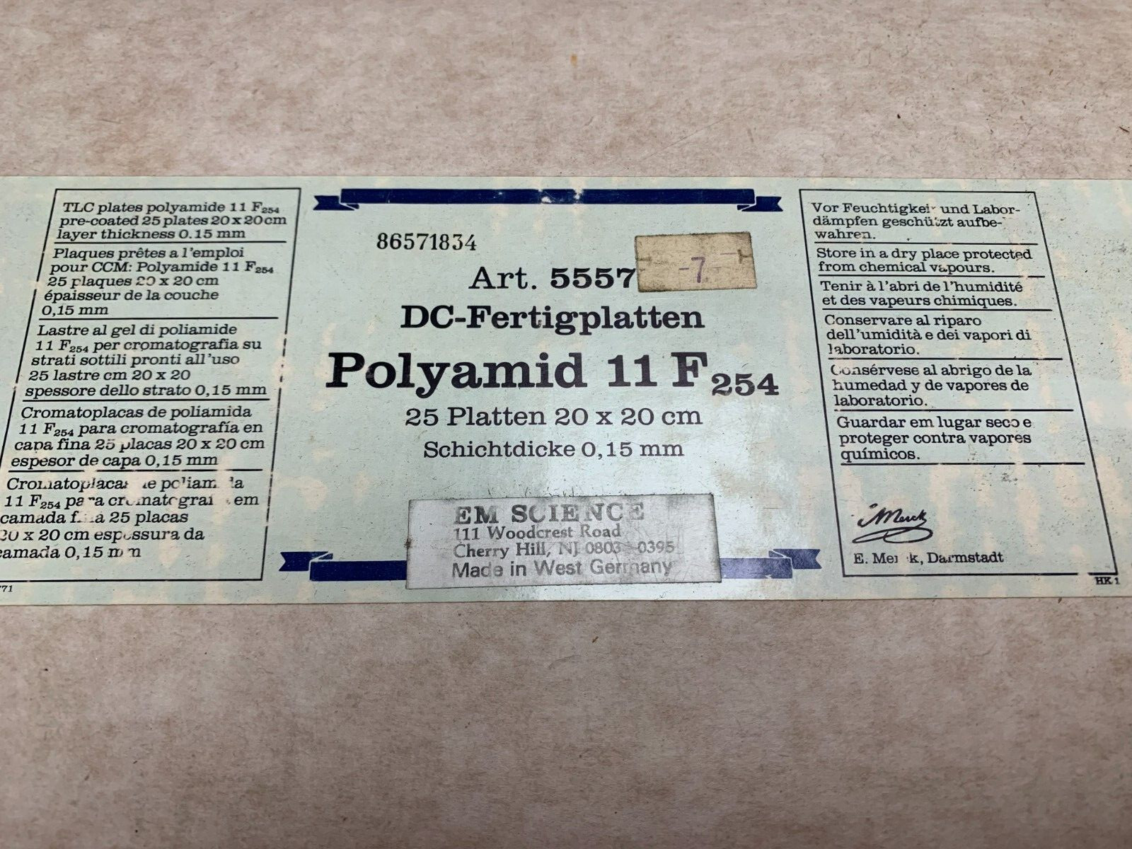 Merck TLC Glass Sheets, Polyamide 11 F254 0.15mm, 20x20cm #5557