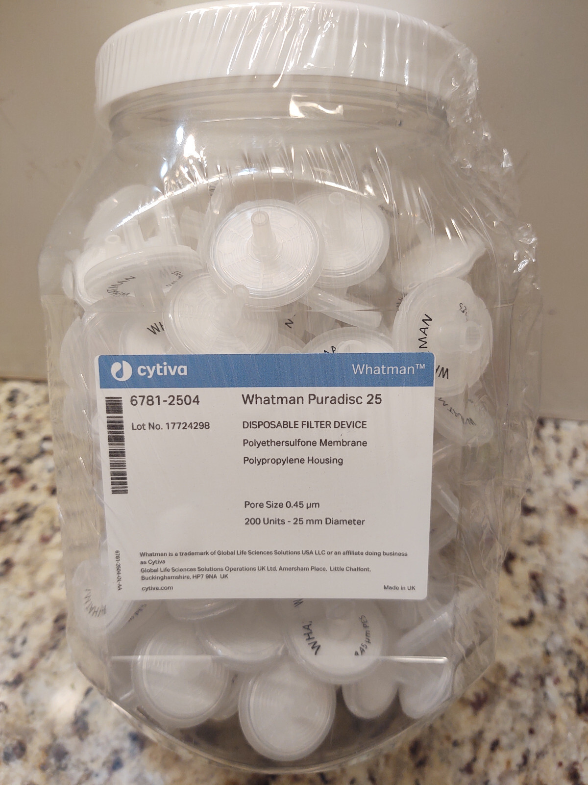 Whatman 6781-2504 25mm Dia Puradisc Non-Sterile 0.45 micrometer Pore PES 200PK