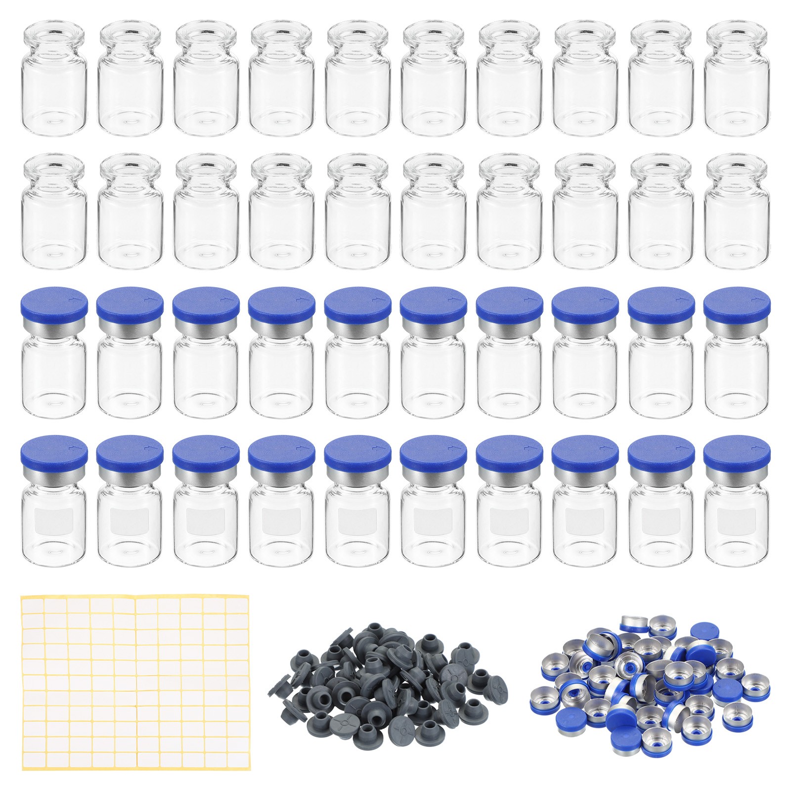 100pcs 5ml Sample Vials Lab Empty Vials with Rubber Stopper Caps Labels Clear