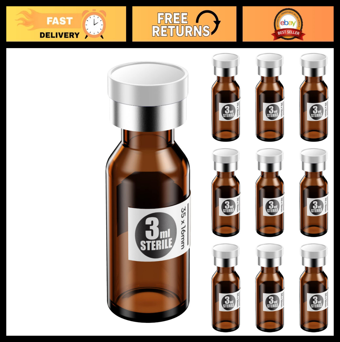 Sterile 3ml Amber Vials with Self-Healing Injection Port & Aluminum Cap – Pack o