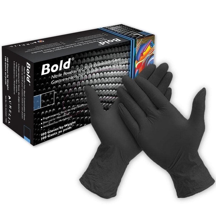 Aurelia Bold Black Nitrile Exam Gloves – Powder-Free, Latex-Free, 4 mil, S M L