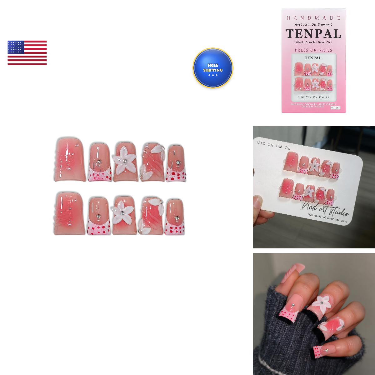 Tenpal Short Duckbill Press On Nails Gradient Pink Blush French Polka Dot 3D
