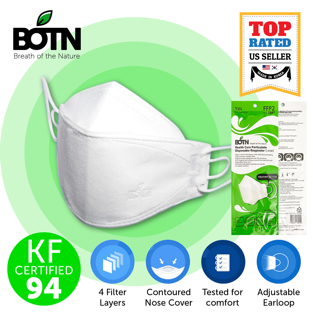 10 PACK BOTN KF94 WHITE Protective Face Mask Adult Made in Korea KFDA Approved