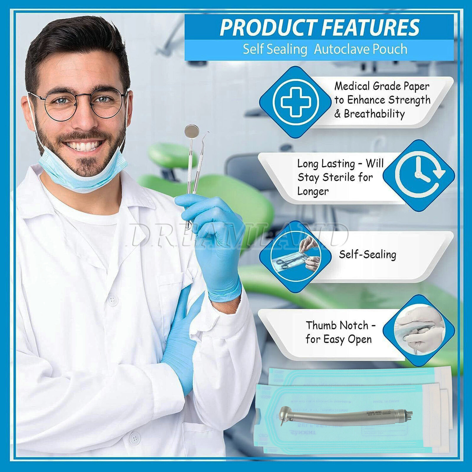 3.5″ x 10″ Dental Medical Self Seal Pouch Sterilization Bag Pouches (200 Bags)