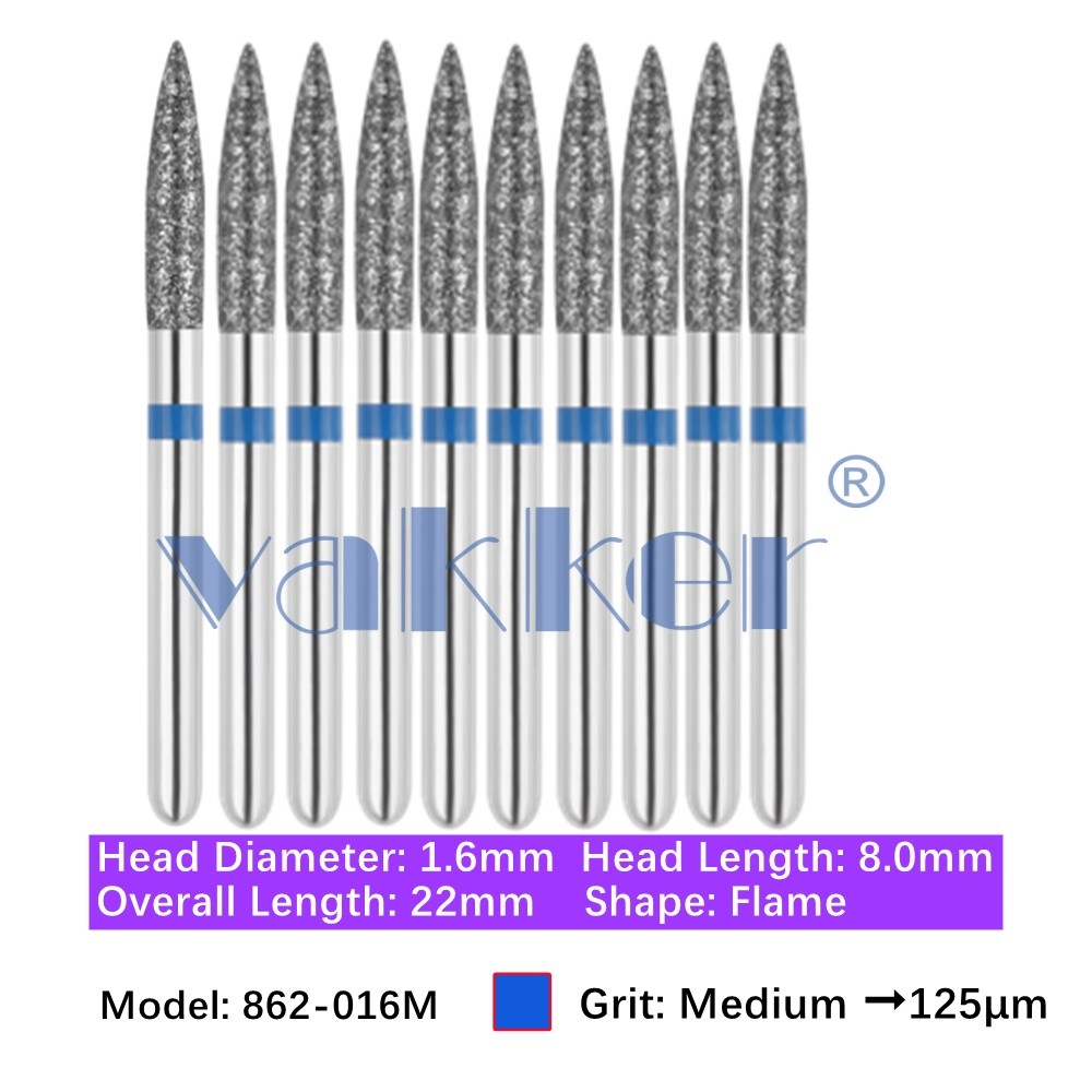 10/Pk Dental FG Diamond Burs Flame Shape 862-016M Medium Grit Friction Grip