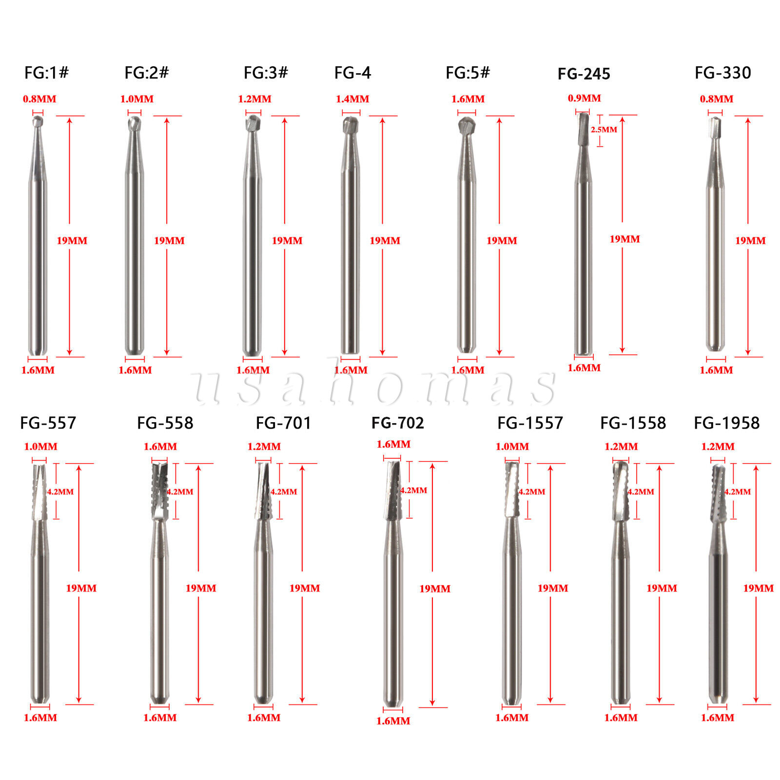 10 Pcs Dental Cutting of Hard Tissue Bone Tungsten Carbide Burs 19mm FG