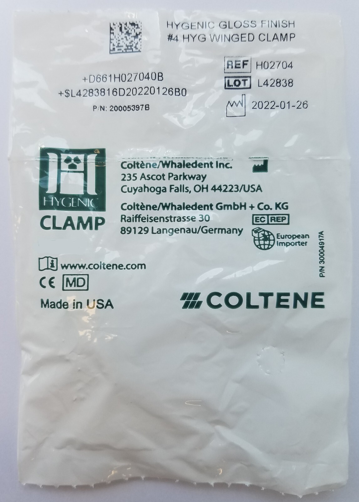 *1-Pack* Coltene Hygenic Glossy Finish #4 HYG Winged Clamp H02704