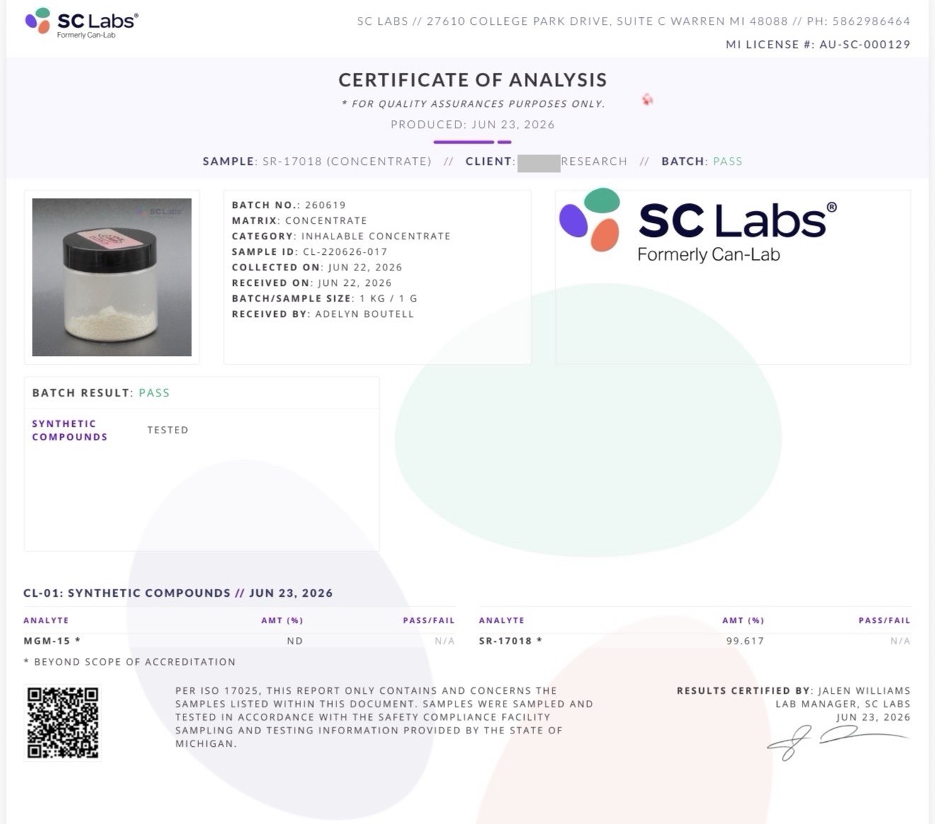 S R 17 1 Gram at 99.6% purity Laboratory Chemical Calibration Reference Tool