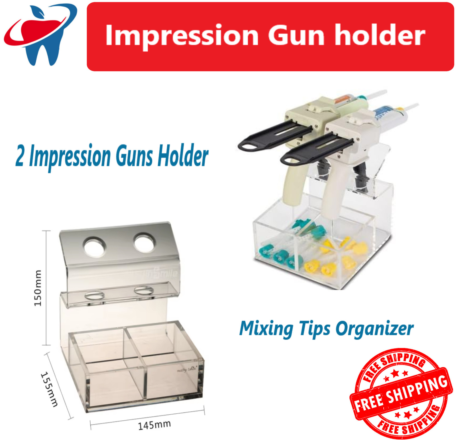 Acrylic Impression Gun holder and Mixing Tips Organizer Holds 6 Impression Guns