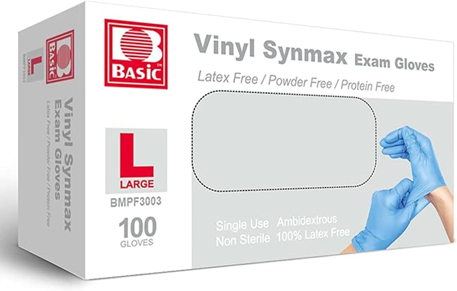 Basic Medical Synmax Vinyl Exam Gloves – Latex-Free & Powder-Free – Large,